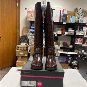 Women's Brown Croc-Embossed Knee-High Boots